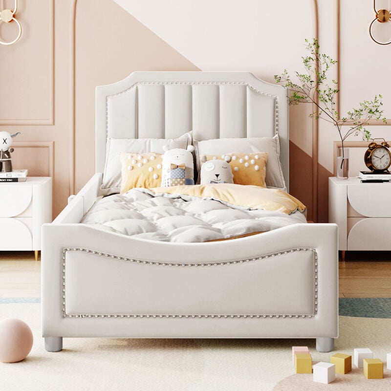 foto del prodotto letto singolo imbottito per bambini 90 x 200 cm con schienale e bracciolo, struttura in flanella, beige