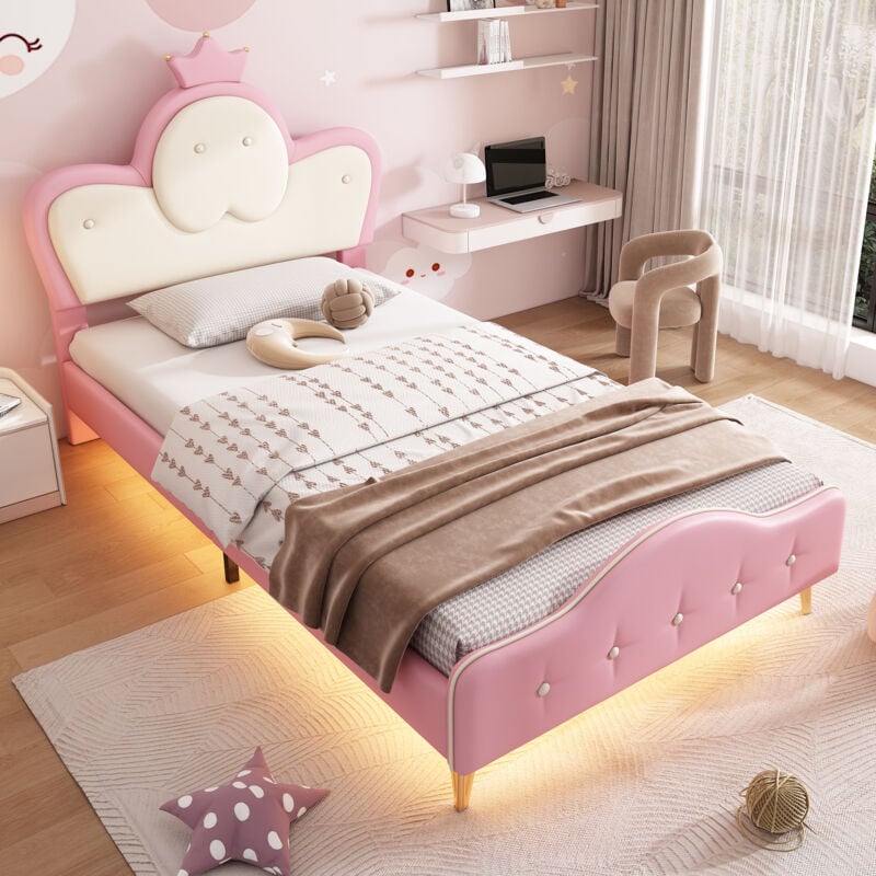 foto del prodotto letto singolo imbottito per bambini 90 x 200 cm con striscia led, testiera a corona, pu, rosa e bianco
