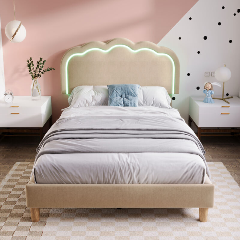 foto del prodotto letto singolo imbottito per ragazzi 90 x 190 cm led con rete a doghe e testiera regolabile, lino, beige