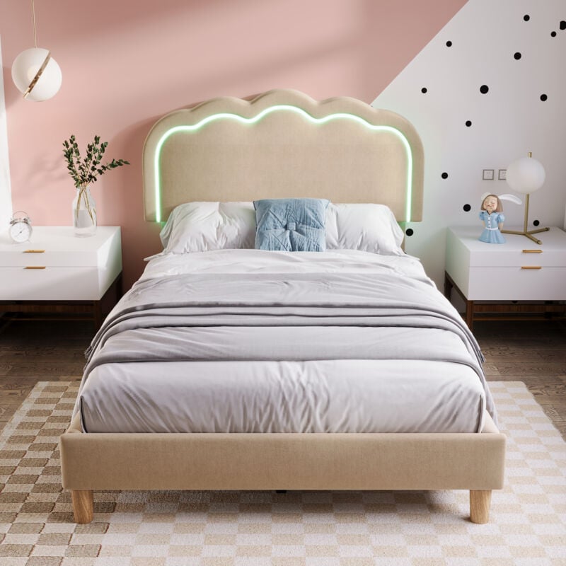 foto del prodotto letto singolo imbottito per ragazzi 90 x 200 cm led con rete a doghe e testiera regolabile, lino, beige