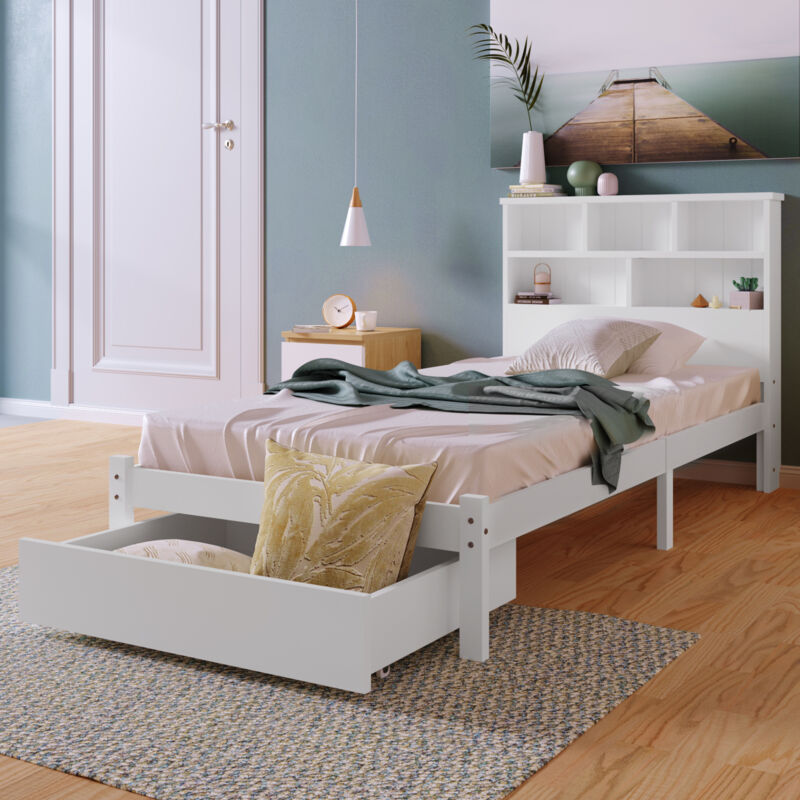 foto del prodotto letto singolo in legno massello con cassetti e rete a doghe, libreria, lettino per ragazzi e adulti, 90x200 cm bianco okwish