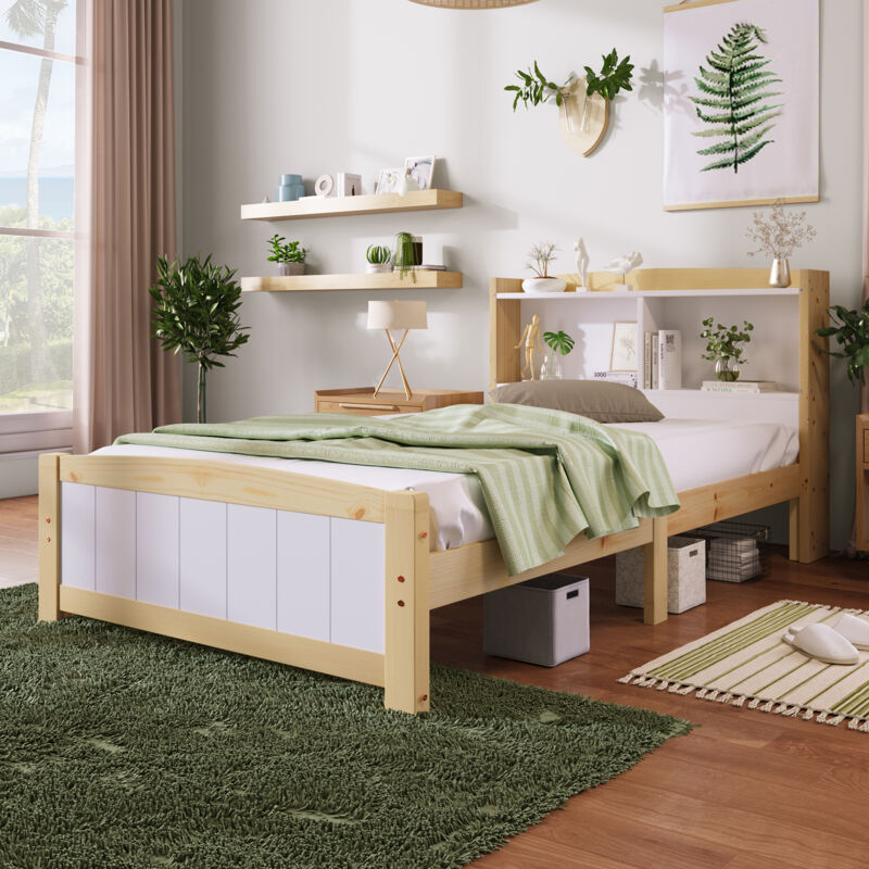 foto del prodotto letto singolo in legno massello con testiera contenitore, giroletto 90 x 200 cm con rete a doghe letto in legno con testiera, lettino per bambini