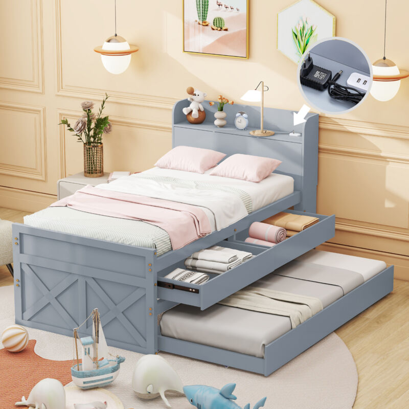 foto del prodotto letto singolo in legno massello di pino 90x190 multifunzionale con cassetto scorrevole, rete a doghe, comodino con ripiani con presa usb letto per