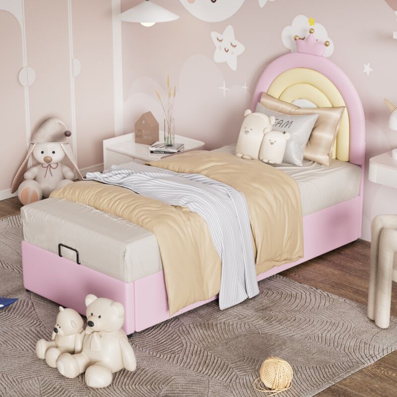 foto del prodotto letto singolo letto imbottito idraulico 90 x 200 cm con rete a doghe e testiera regolabile in altezza, letto per ragazzi, pu, rosa