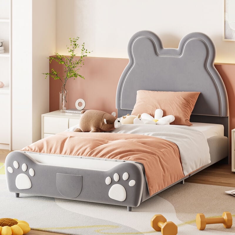 foto del prodotto letto singolo letto imbottito letto singolo letto per bambini 90 x 200 cm a forma di orso, velluto delicato sulla pelle, grigio