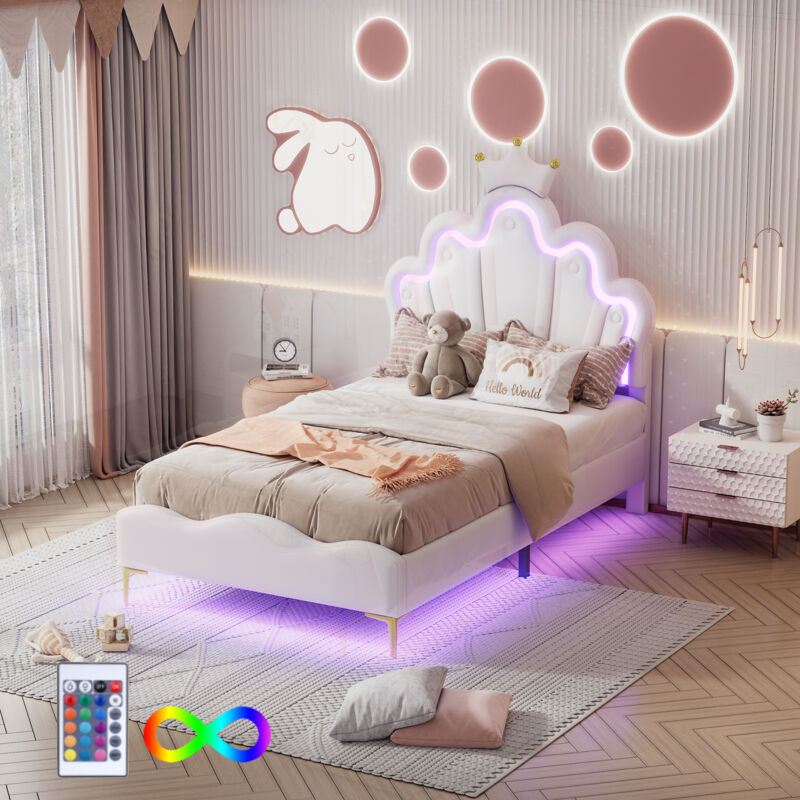 foto del prodotto letto singolo letto per bambini 90 x 200 cm con striscia luminosa a led, similpelle, bianco