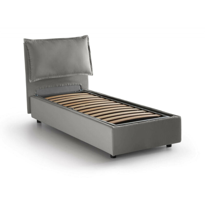 foto del prodotto letto singolo luna, letto contenitore con rivestimento in tessuto, 100 made in italy, apertura laterale, adatto per materasso cm 80x190, grigio, con