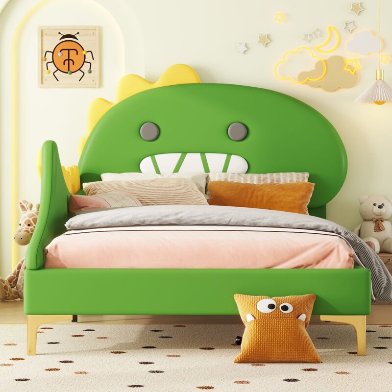 foto del prodotto letto singolo per bambini 90 x 200 cm, a forma di dinosauro dei cartoni animati, letto piano, materiale pu, verde