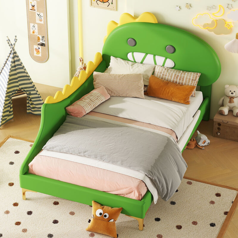 foto del prodotto letto singolo per bambini 90 x 200 cm a forma di dinosauro dei cartoni animati, verde