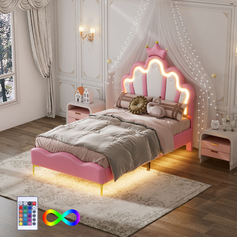 foto del prodotto letto singolo per bambini 90 x 200 cm con striscia luminosa a led, in similpelle, rosa