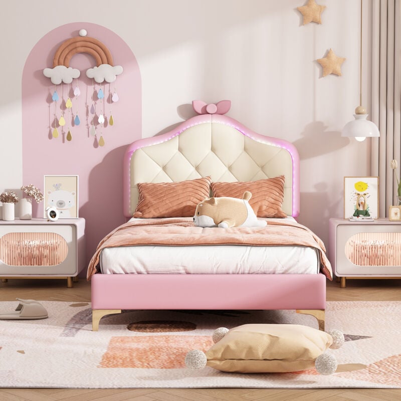 foto del prodotto letto singolo per bambini imbottito 90 x 200 cm con doghe in legno e striscia luminosa led colorata, pu, rosa
