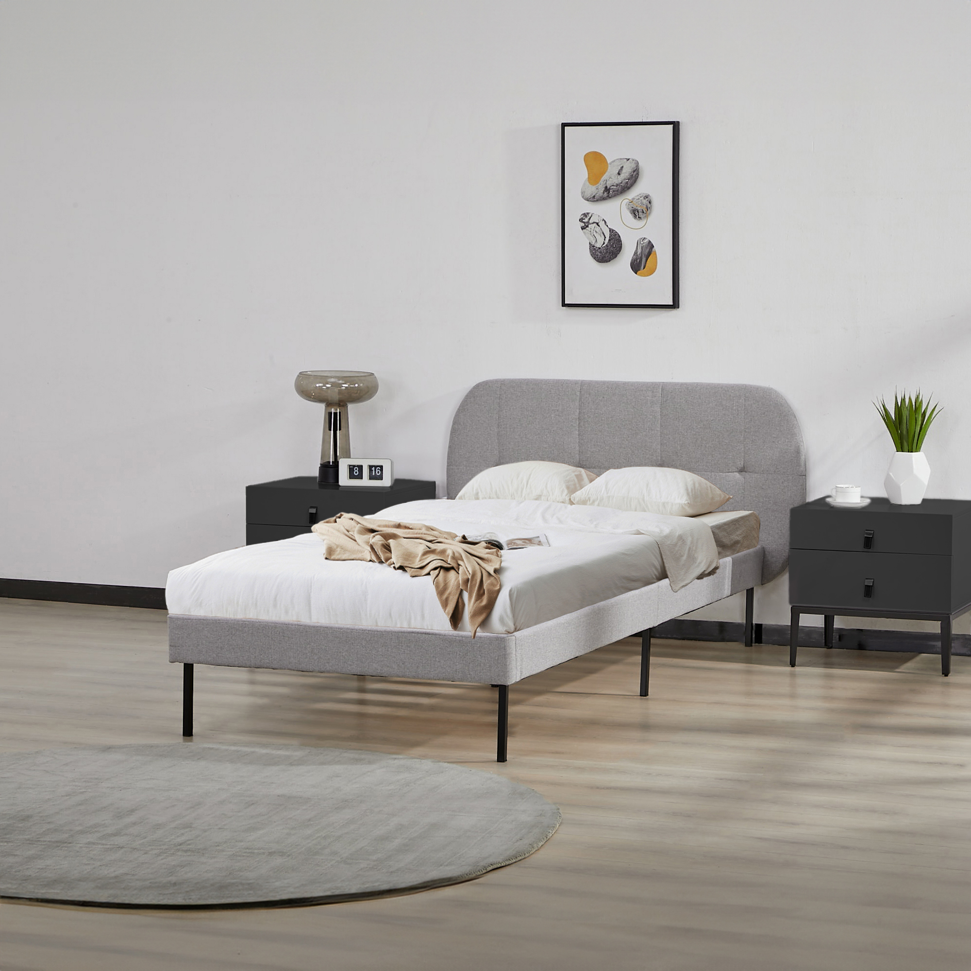 foto del prodotto letto singolo porvoo 90x200 cm testiera imbottita rivestimento in tessuto grigio en.casa 