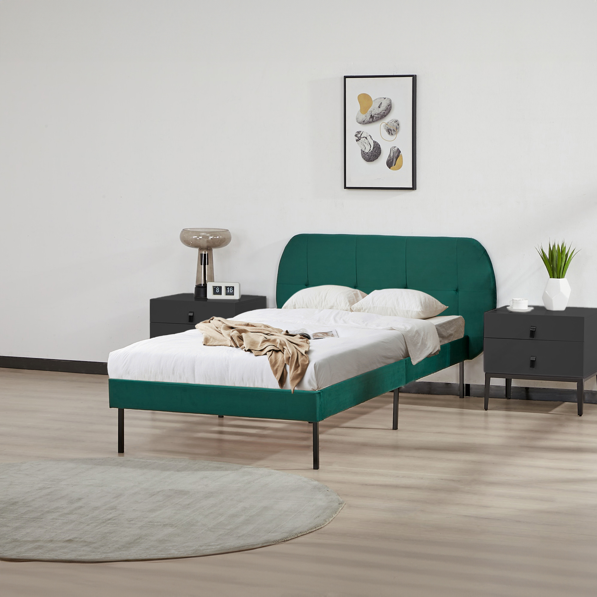 foto del prodotto letto singolo porvoo 90x200 cm testiera imbottita rivestimento in velluto verde scuro en.casa 