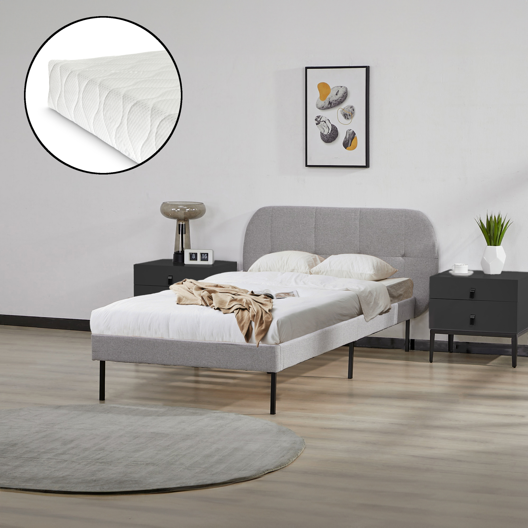 foto del prodotto letto singolo porvoo con testiera e materasso 90x200 cm rivestimento in tessuto grigio en.casa 