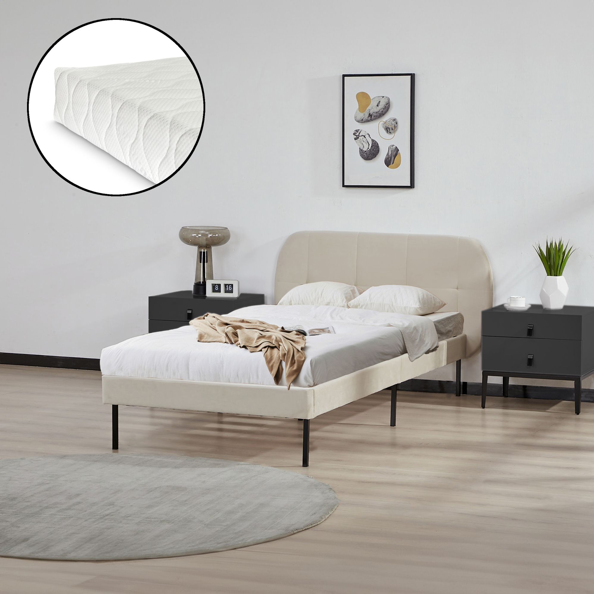 foto del prodotto letto singolo porvoo con testiera e materasso 90x200 cm rivestimento in velluto beige en.casa 