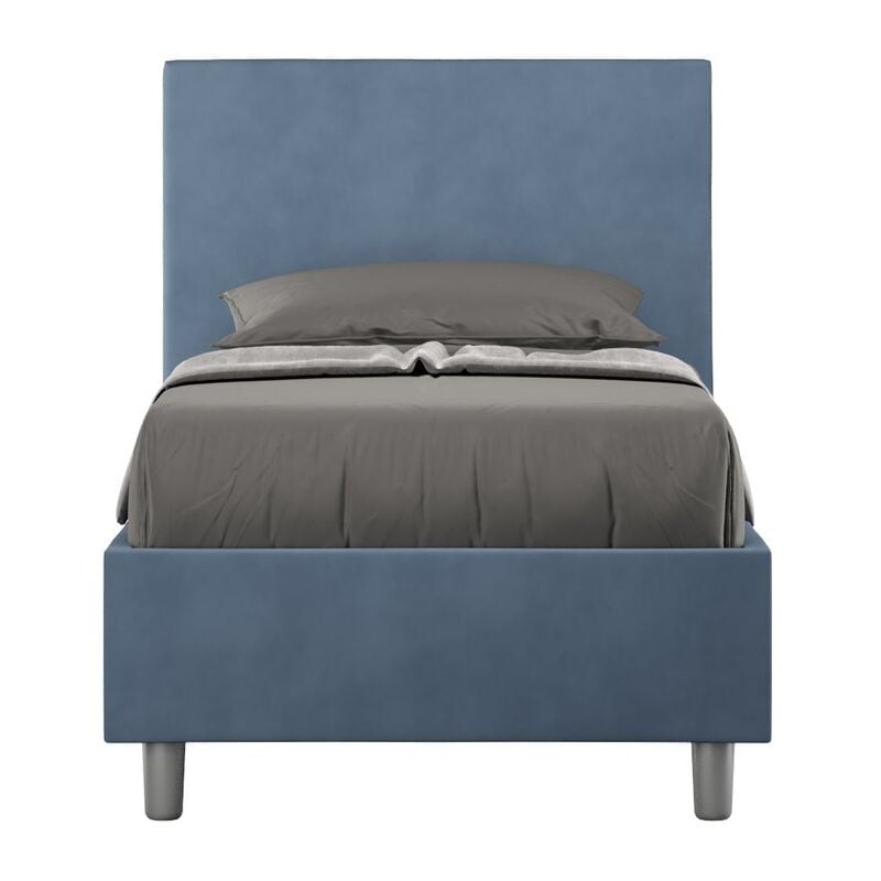 foto del prodotto letto singolo rivestito in microfibra adele colore blu dimensione rete 90x200 tipologia letto con rete e contenitore