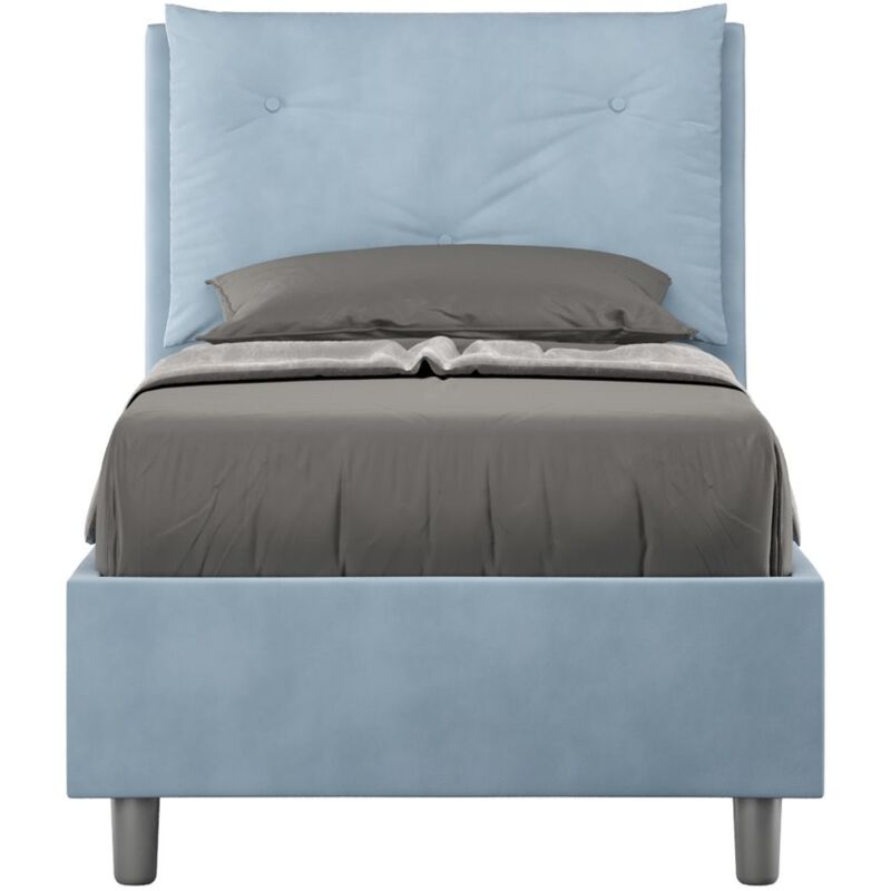 foto del prodotto letto singolo rivestito in microfibra appia dimensione rete 90x200 colore azzurro tipologia letto con rete e contenitore