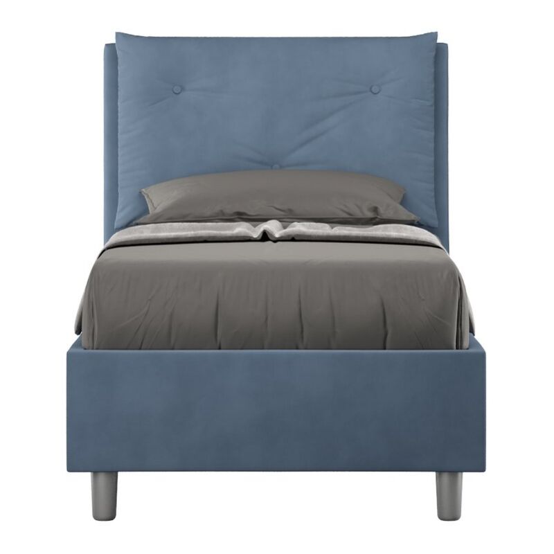 foto del prodotto letto singolo rivestito in microfibra appia tipologia letto con rete e contenitore colore blu dimensione rete 80x200