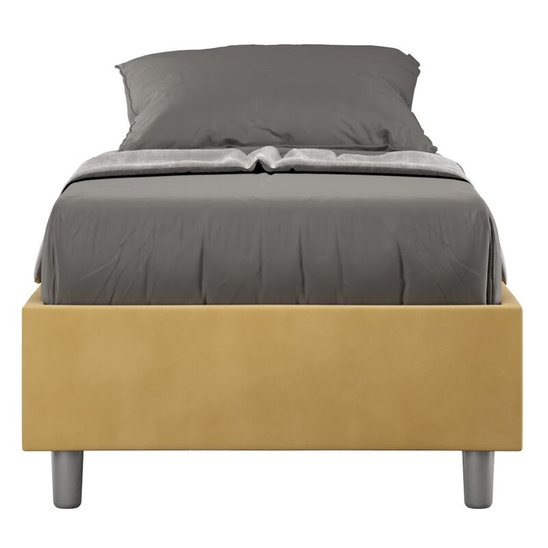 foto del prodotto letto singolo rivestito in microfibra azelia tipologia letto con rete e contenitore colore ocra dimensione rete 80x190