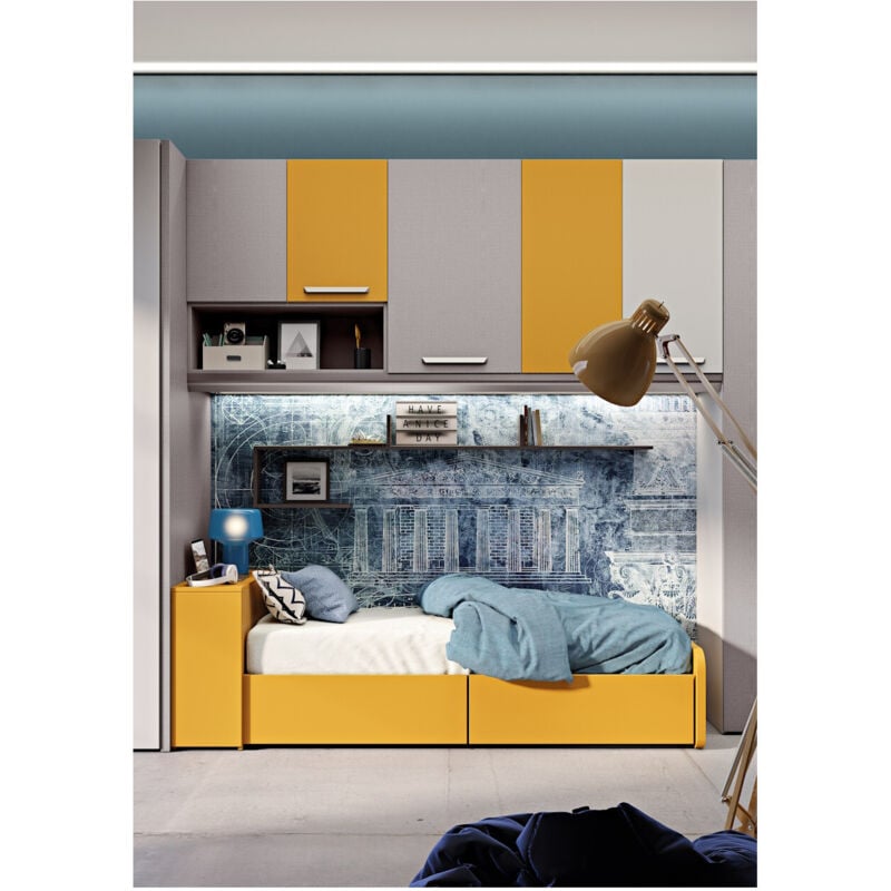 foto del prodotto letto singolo salvaspazio con cassetti e testata contenitiva - bianco