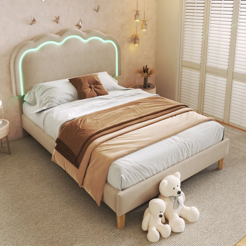 foto del prodotto letto singolo senza materasso, letti per bambini adulti, testiera regolabile, led, rete a doghe, lino, beige, 90x200 cm