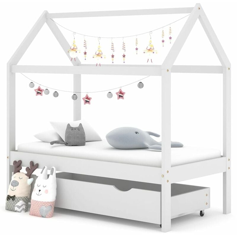 foto del prodotto letto singolo,struttura letto elegante, letto singolo,giroletto bambini cassetto bianco in pino massello 70x140cm bv75389 bianco