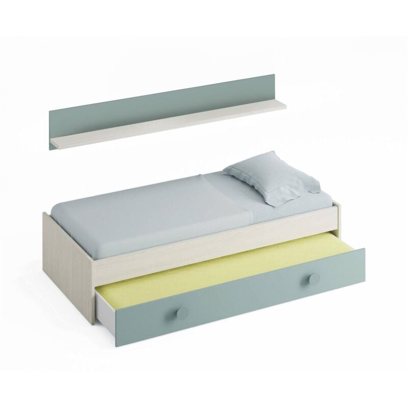 foto del prodotto letto singolo, struttura letto per cameretta, letto con lettino estraibile o cassettone e mensola abbinata, cm 201x98h43, bianco e verde acqua