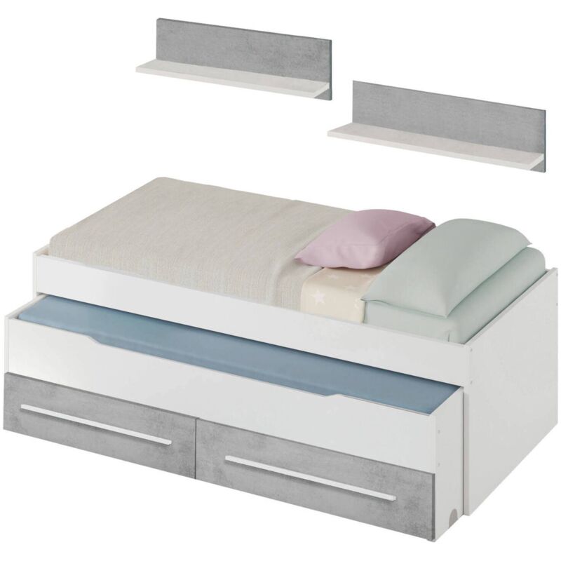 foto del prodotto letto singolo, struttura letto per cameretta, letto singolo con lettino estraibile e 2 cassetti e mensola, cm 199x96h65, bianco e cemento