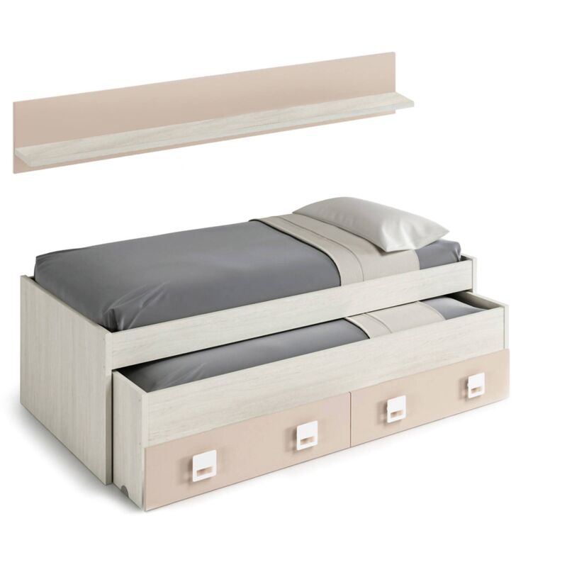foto del prodotto letto singolo, struttura letto per cameretta, letto singolo con lettino estraibile e 2 cassetti e mensola, cm 199x96h65, bianco e rosa