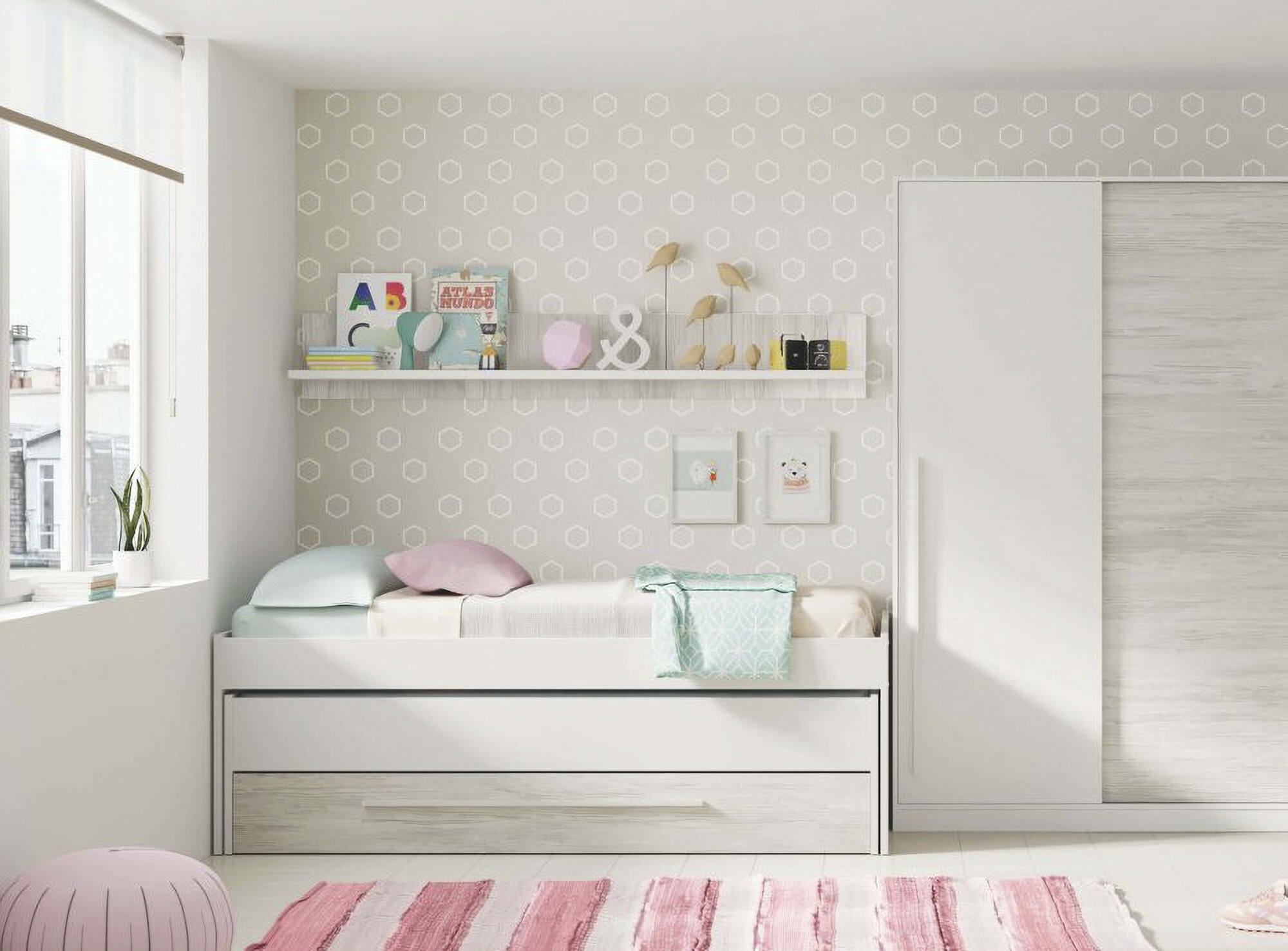 foto del prodotto letto singolo, struttura letto per cameretta, letto singolo con lettino estraibile e cassettone e mensola abbinata, cm 199x96h65, bianco