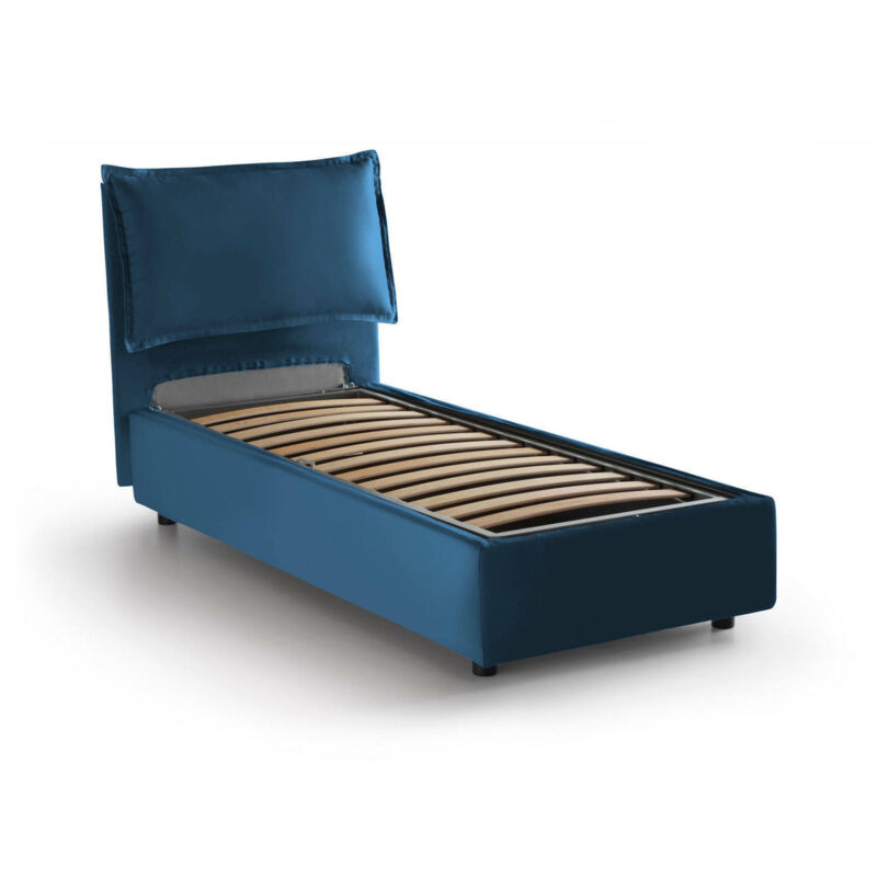 foto del prodotto letto singolo vanessa, letto contenitore con rivestimento in tessuto, 100 made in italy, apertura frontale, adatto per materasso cm 80x190, blu, con
