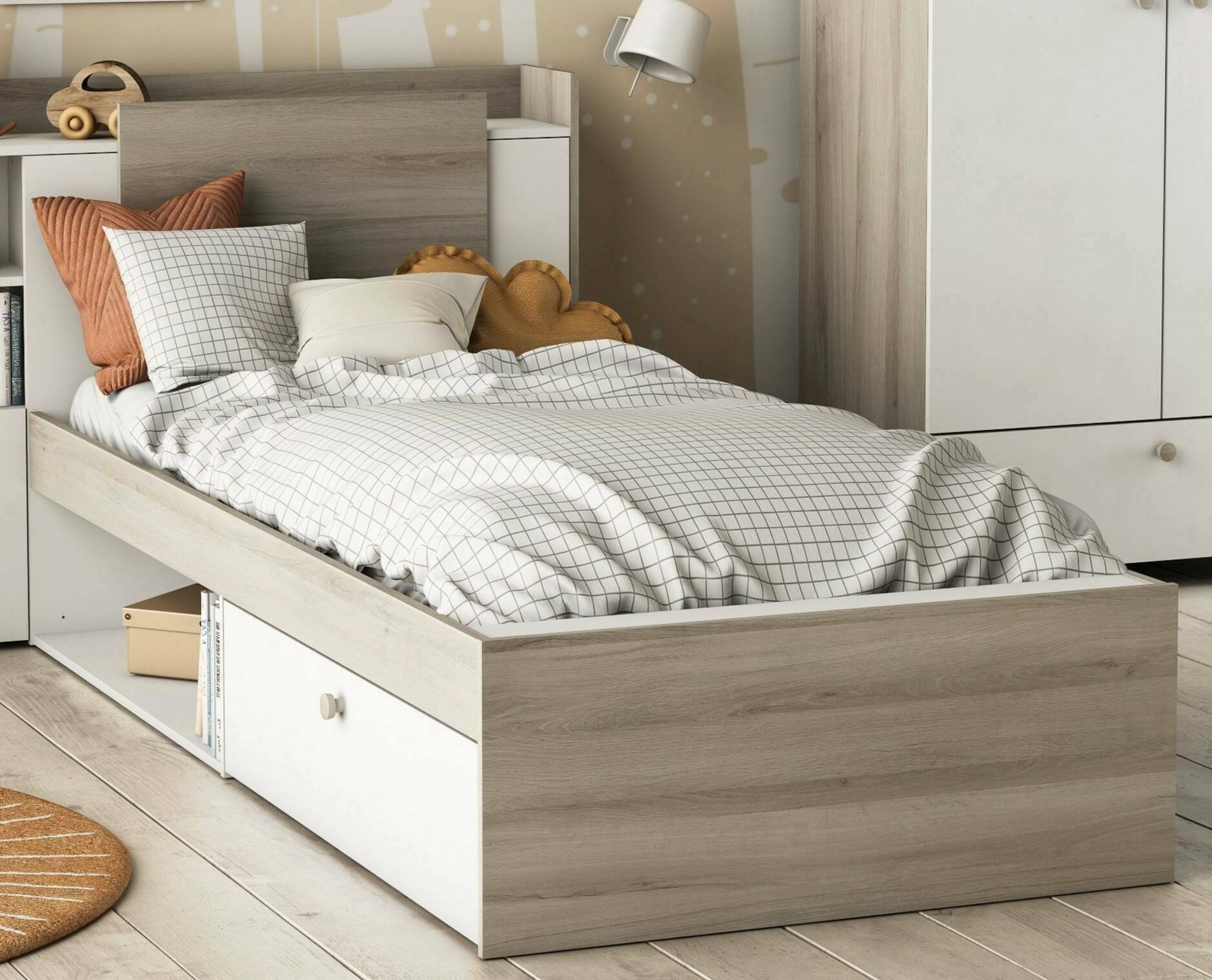 foto del prodotto letto singolo wali, sommier per camera da letto, giroletto per stanza, struttura porta materasso, 200x120 h 91 cm, rovere e bianco opaco