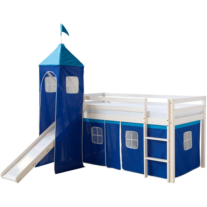 foto del prodotto letto soppalco 90x200 cm con scaletta scorrevole in legno bianco e tela blu inclusa lit06152