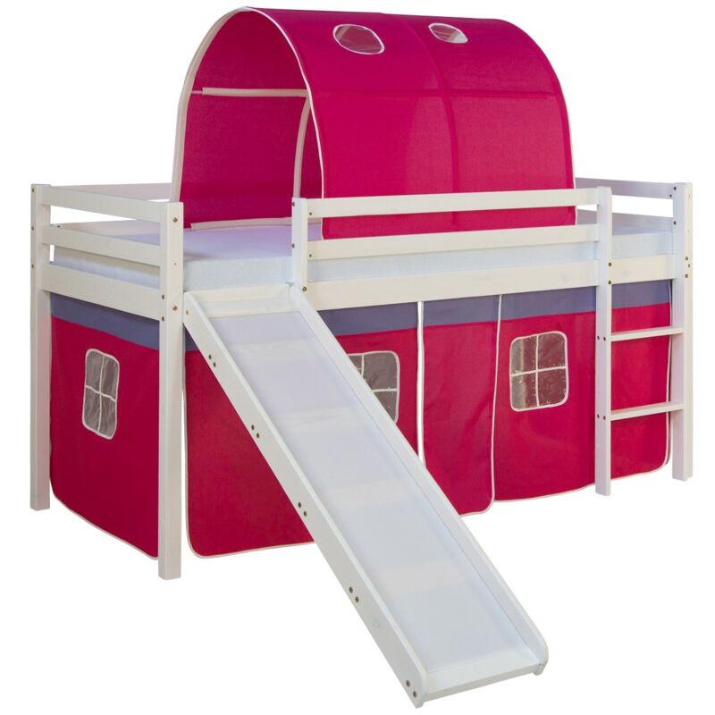 foto del prodotto letto soppalco per bambini con tenda tunnel a molle e scivolo modello rosa scuro 90x200 cm lit06188
