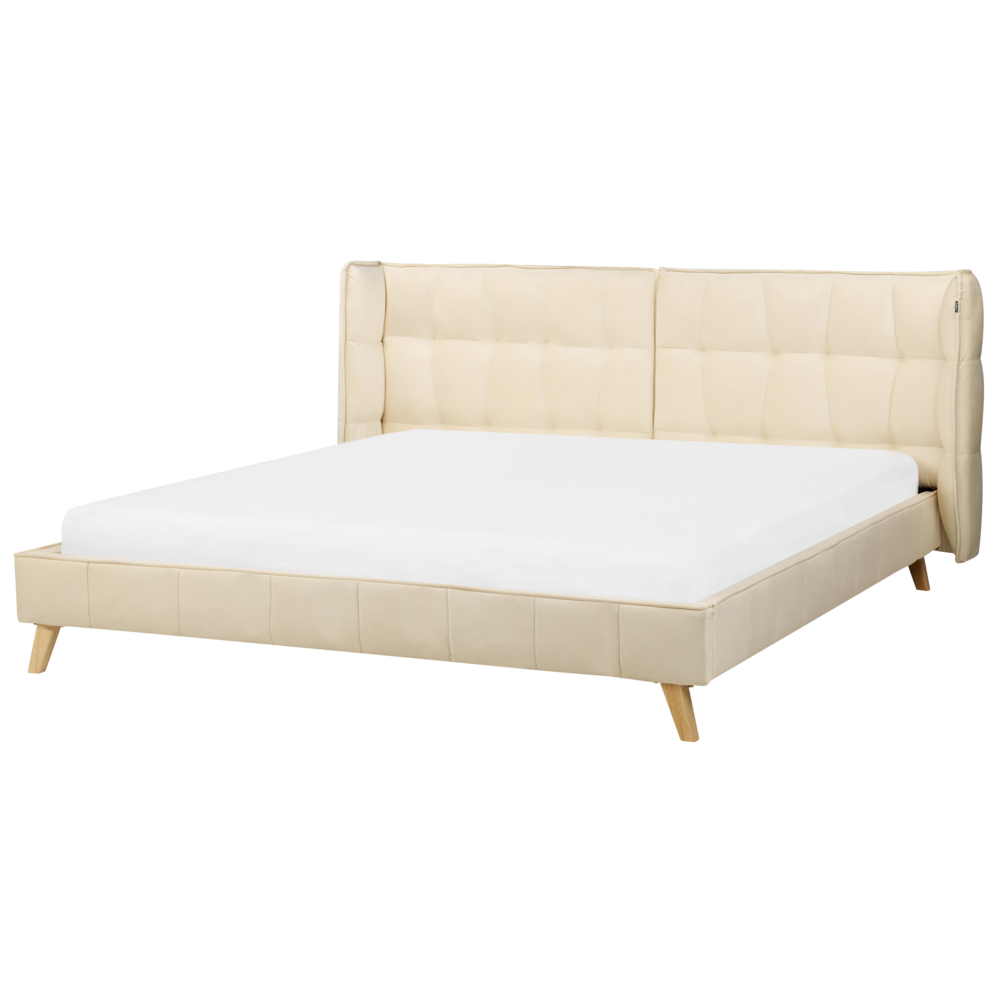foto del prodotto letto tappezzeria trapuntata in velluto beige gambe in legno chiaro 180 x 200 cm a doghe con testiera regolabile wingback