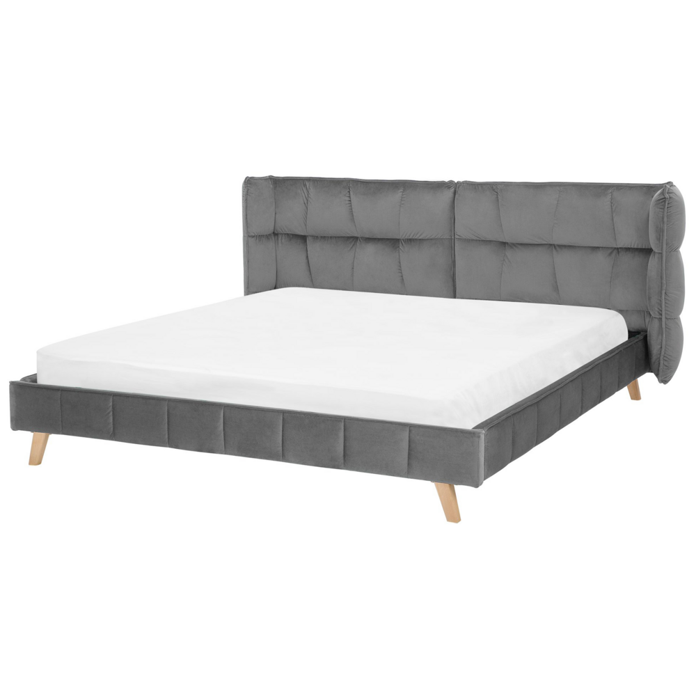 foto del prodotto letto tappezzeria trapuntata in velluto grigio gambe in legno chiaro 180 x 200 cm a doghe con testiera regolabile wingback