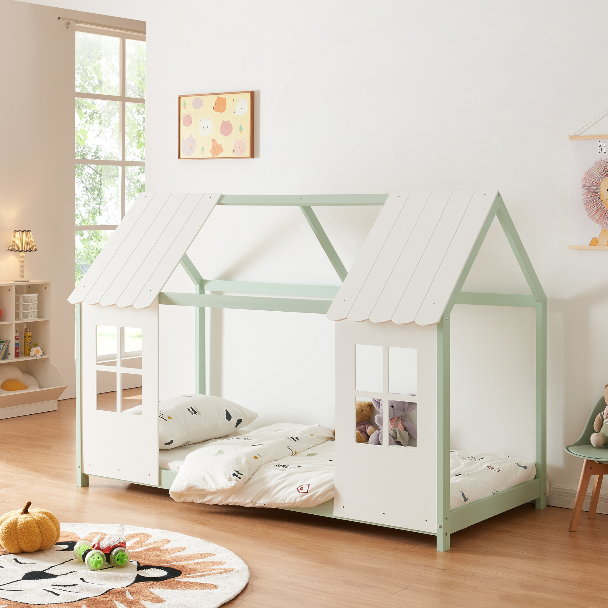 foto del prodotto letto tostedt per cameretta a forma di casetta semiaperta 90 x 200 cm menta verde bianco en.casa 