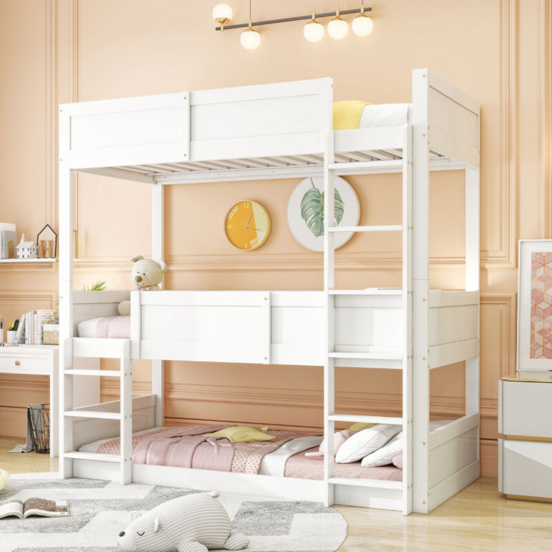 foto del prodotto letto triplo 90200 cm, doghe in legno massiccio, letto a soppalco, design con recinzione alta, lettino per bambini, letto in legno, bianco