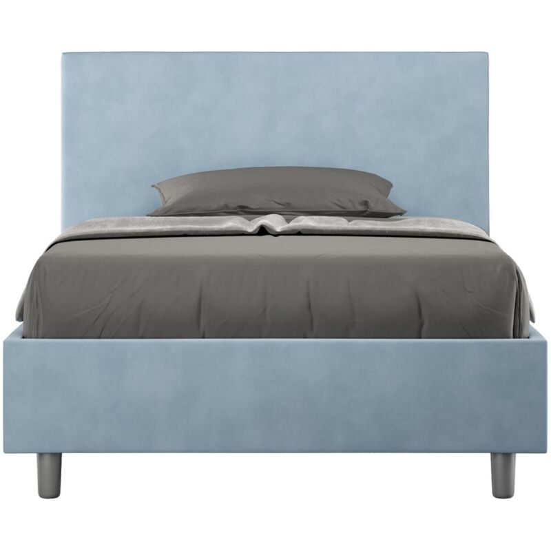 foto del prodotto letto una piazza e mezza rivestito in microfibra adele tipologia letto con rete e contenitore colore azzurro dimensione rete 120x200