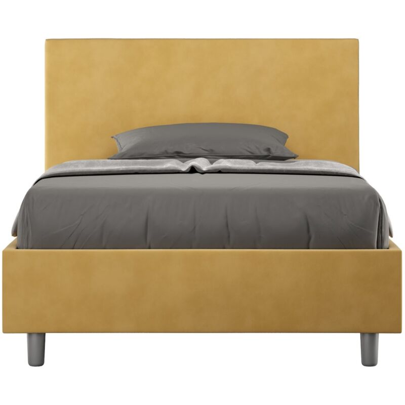 foto del prodotto letto una piazza e mezza rivestito in microfibra adele tipologia letto con rete e contenitore colore ocra dimensione rete 120x190
