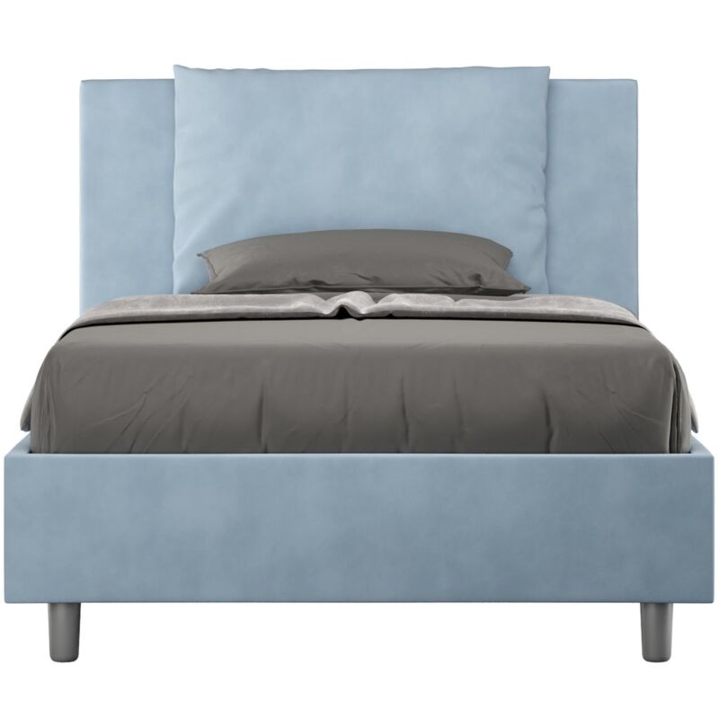 foto del prodotto letto una piazza e mezza rivestito in microfibra antea dimensione rete 110x190 tipologia letto con rete e contenitore colore azzurro