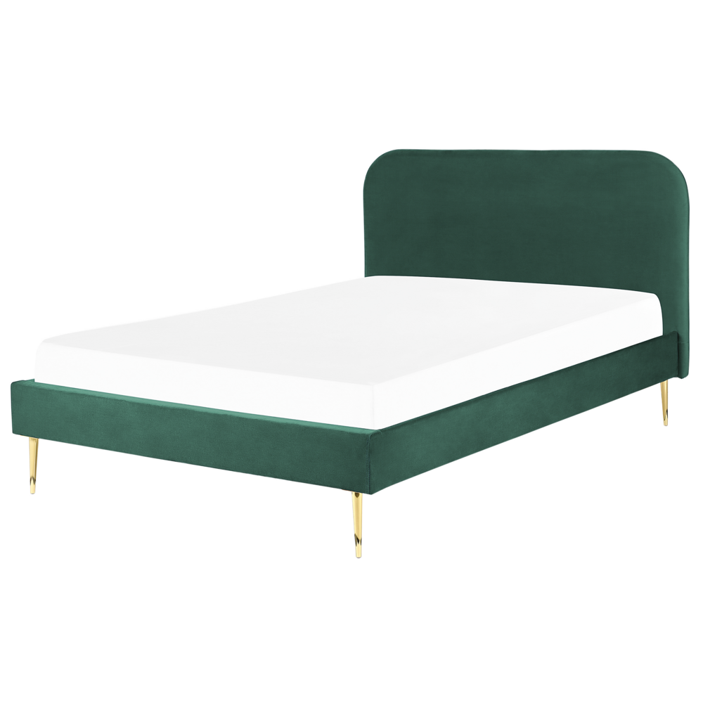 foto del prodotto letto verde smeraldo velluto tappezzeria doppia dimensione gambe dorate testiera con rete a doghe 140 x 200 cm design minimalista