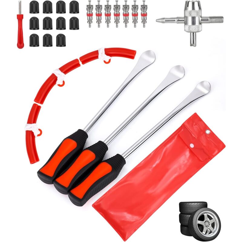 foto del prodotto leva per pneumatici, leva per pneumatici, leva per pneumatici per moto, leva per utensili pneumatici a 3 cucchiai, con 3 protezioni per cerchioni,