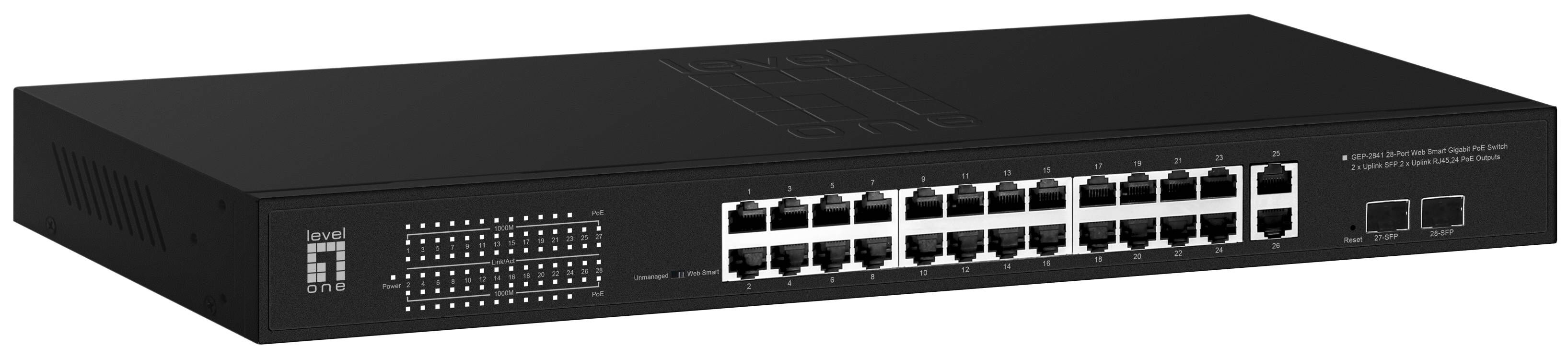foto del prodotto levelone gep 2841 switch di rete gestito l2 gigabit ethernet 10 100 1000 supporto power over ethernet poe 1u nero