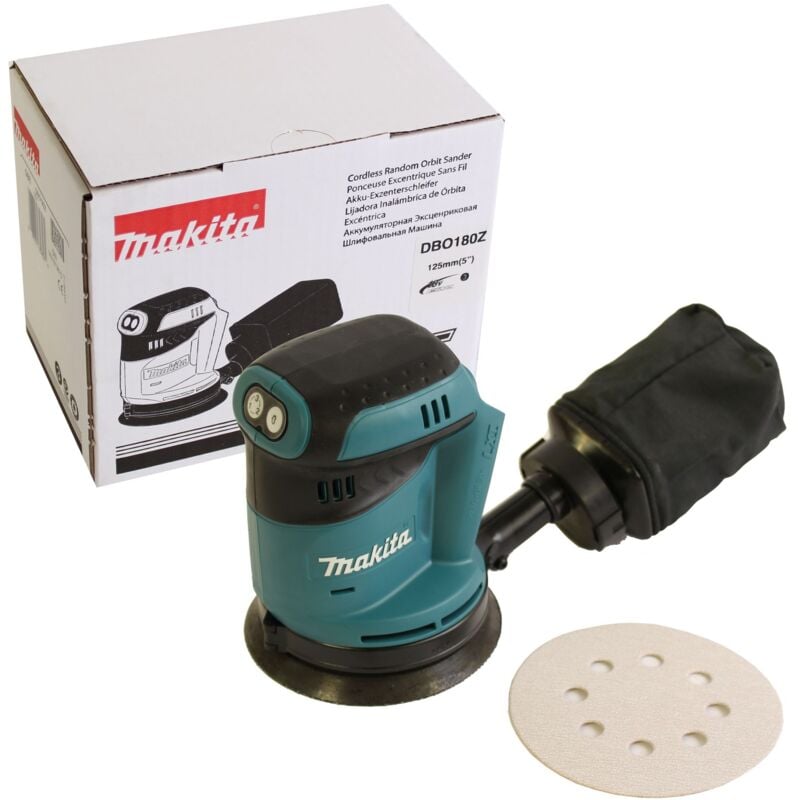 foto del prodotto levigatrice rotorbitale a batteria makita 18v dbo180z senza batteria senza caricabatterie in scatola