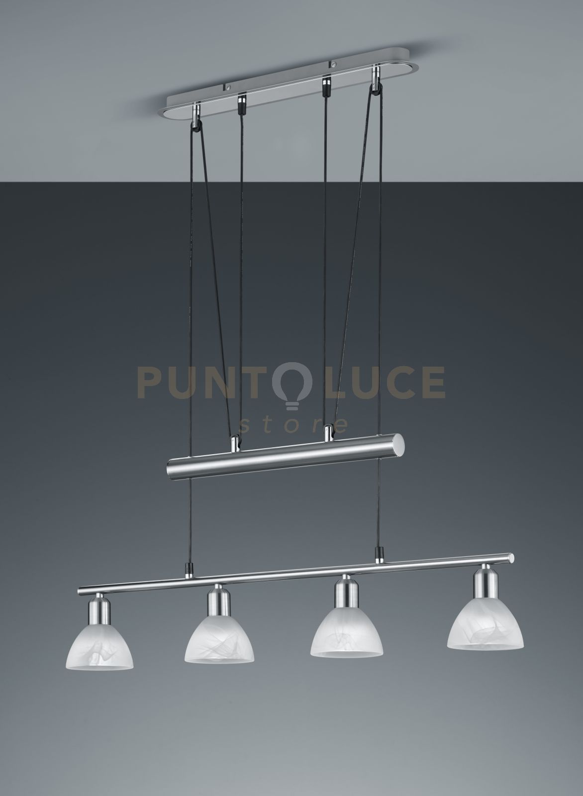 foto del prodotto levisto sospensione con bilancere led 4 vetri acciaio l.80,5 cm 4 luci attacco e14, lampadine inclue 19,6w 1880lm 3000k