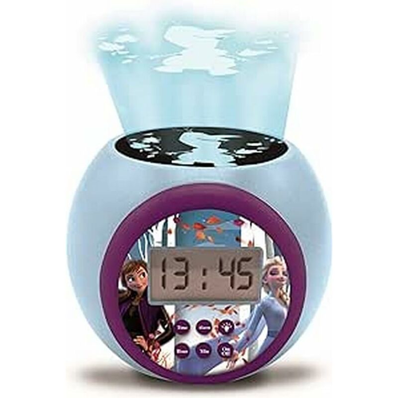 foto del prodotto lexibook, frozen, sveglia a proiettore con funzione snooze e allarme, luce notturna con timer, schermo lcd, funzionamento a batteria, blu viola,