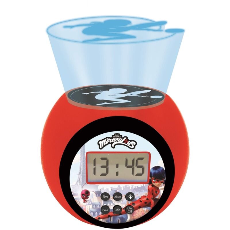 foto del prodotto lexibook miraculous ladybug cat noir, sveglia a proiettore con funzione snooze e sveglia, luce notturna con timer, schermo lcd, funzionamento a