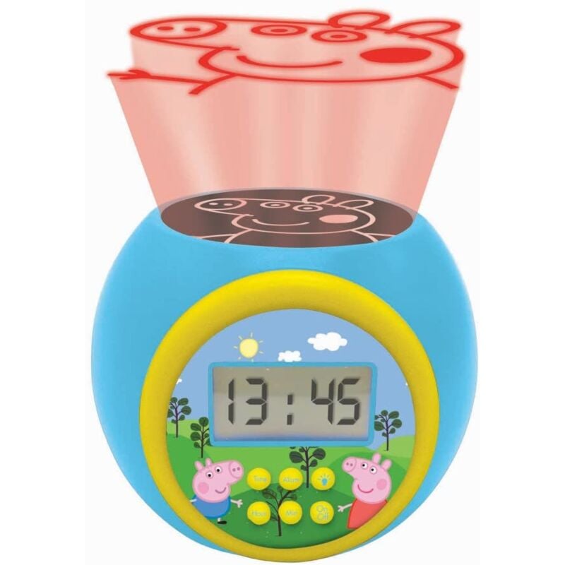 foto del prodotto lexibook peppa pig, sveglia a proiettore con funzione snooze e funzione allarme, luce notturna con timer, schermo lcd, funzionamento a batteria,