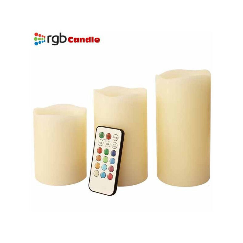 foto del prodotto lgv trade shop traesio tre candele led senza fiamma con telecomando rgb vera cera profumate a vaniglia 